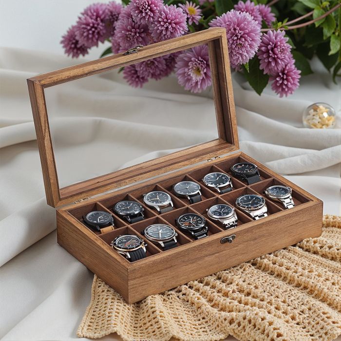 Watch Box - VERRIA 12 Slots Solid Wood Organizer with Glass Lid - Camel Brown