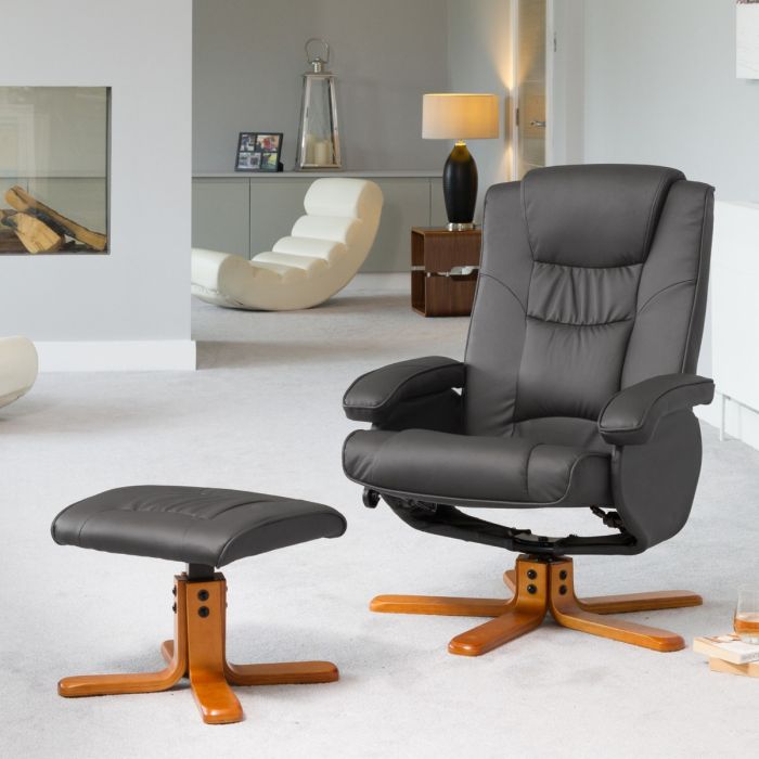 Armchair - REVOLUX Leather Swivel Recliner Chair with Stool and Heated Massager - Grey