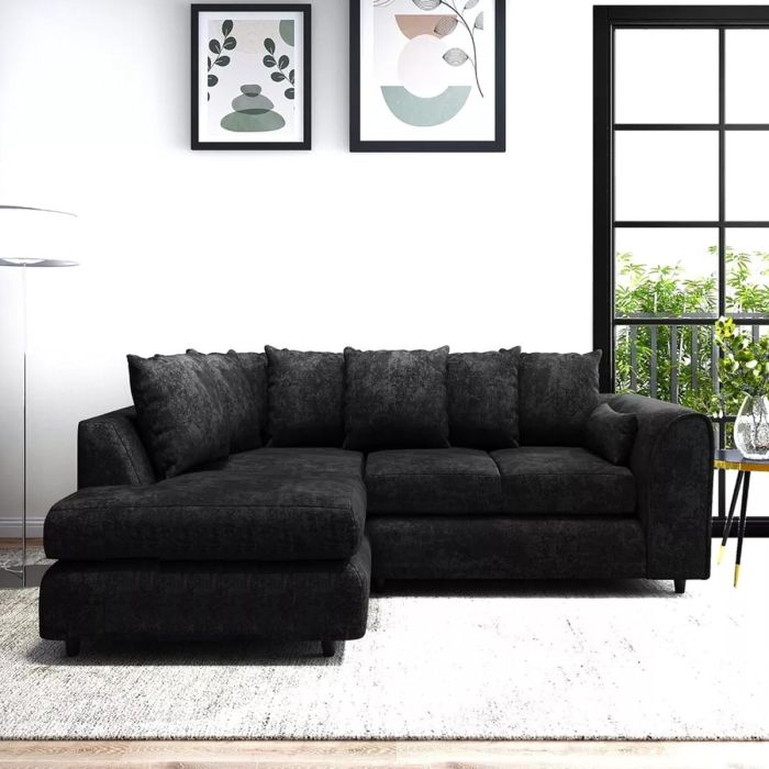 LORVANI Fabric 4 Seater L Shaped Scatterback Corner Sofa - Black, Left Hand Facing