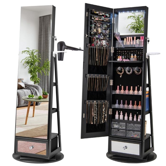 ELBERTH 360° Swivel Lockable Jewelry Armoire Cabinet with Full-Length Mirror-Black