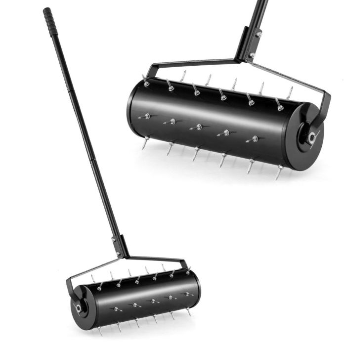 TYVIRE 53cm Manual Lawn Aerator with 130cm Detachable Handle and Tine Spikes for Soil Loosening-Black
