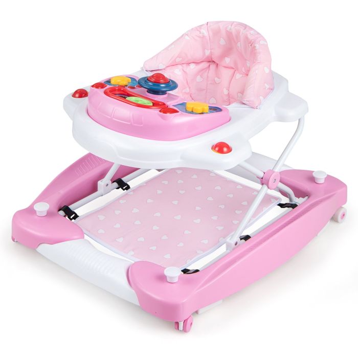 Baby Walker - 6 in 1 Adjustable Baby Walker Folding Baby Activity Center with Music Lights-Pink