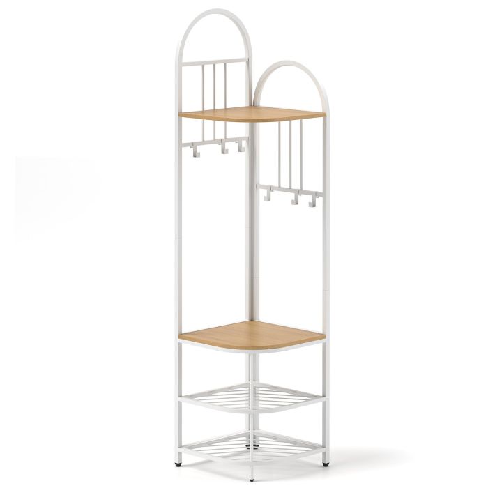 ONARA Corner Hall Tree 4-Tier Coat Rack with Storage Bench and Hooks-Natural