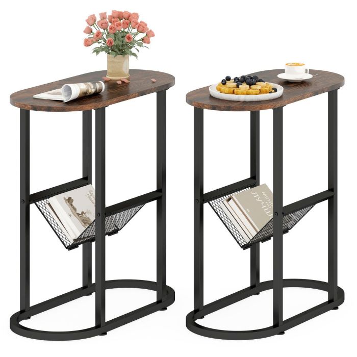 FALLOWIX 2-Tier Oval End Table Set of 2 Space-saving Slim Couch Side Table -Rustic Brown