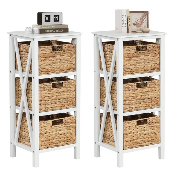 ELDRITH Set of 2 Nightstands Drawer Sofa Side Table with Seagrass Baskets-White-3-Tier