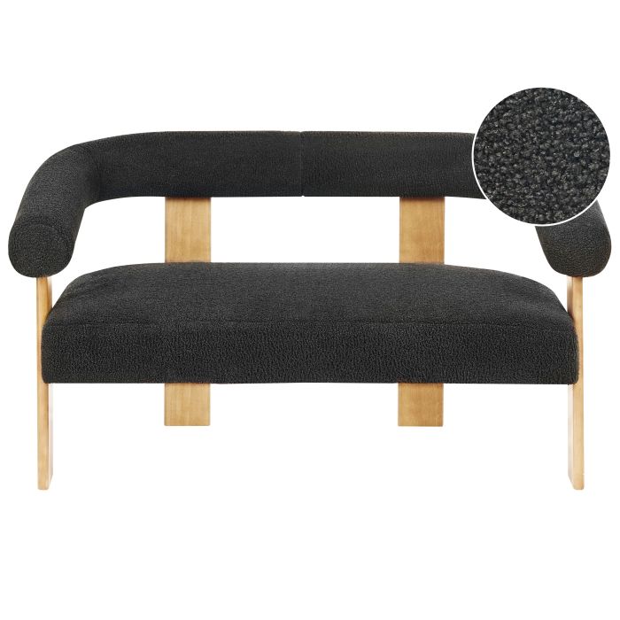 COBDEN Boucle Fabric 2 Seater Sofa - Black with Light Oak