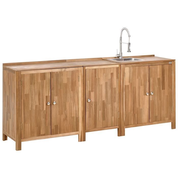 NEVOSA 3 Piece Outdoor Kitchen Set with Sink Acacia Wood 3 Door Brown