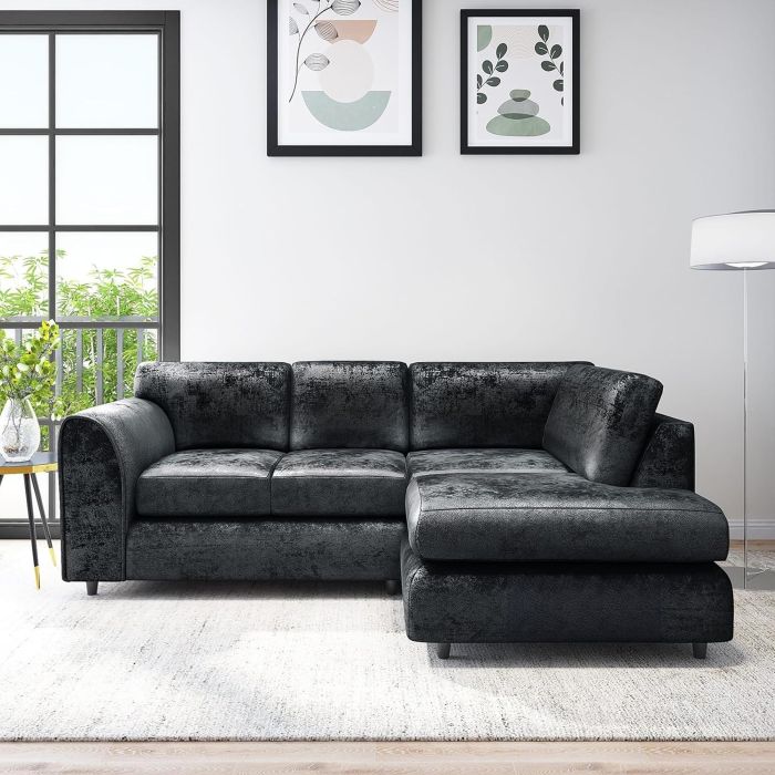 VELOURA Crush Velvet 4 Seater L Shaped Fullback Corner Sofa - Black, Right Hand Facing
